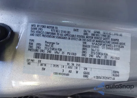 2014 Ford Focus Se z USA, uszkodzony, nr VIN 1FADP3F24EL311529